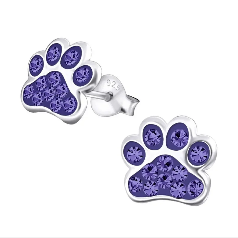 Girls Sterling Silver Paw Print Crystal Earrings